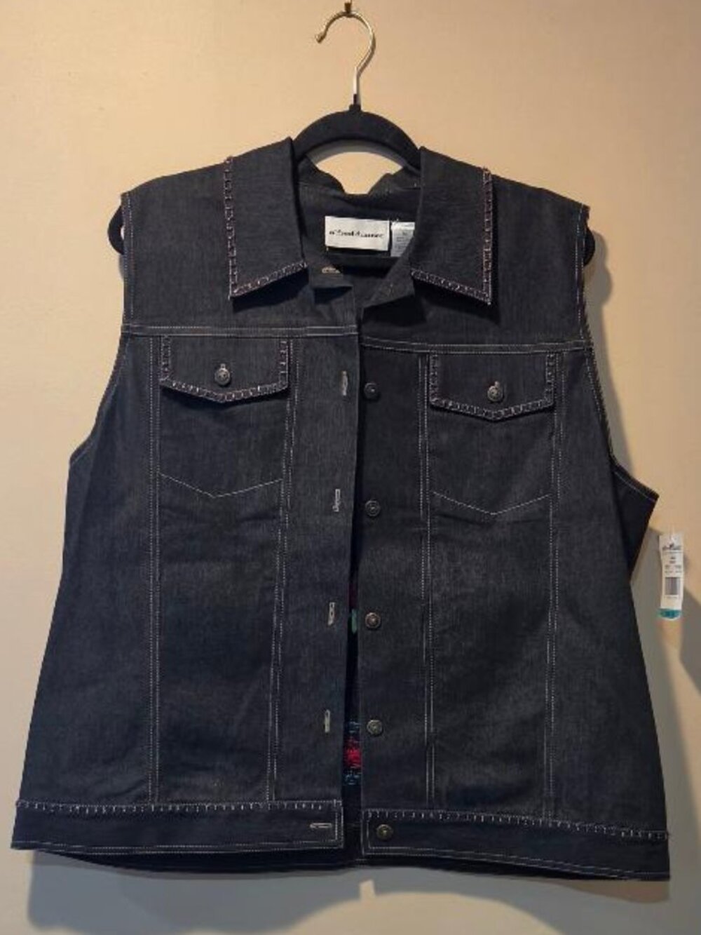 Alfred Dunner Dark Wash Denim Vest with Floral Knit Backside